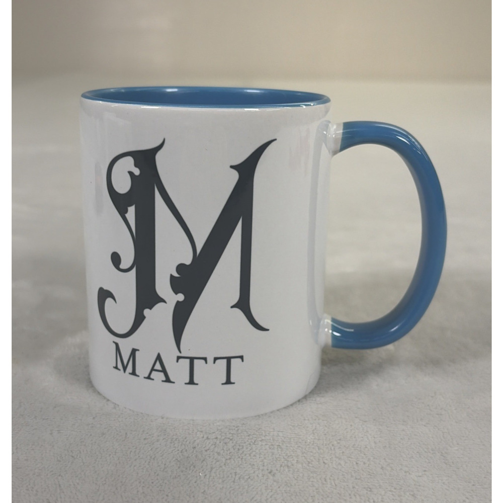 Personalized "M" Matt Coffee Mug Ceramic Cup 11oz Blue Interior Blk Letters - Picture 4 of 11